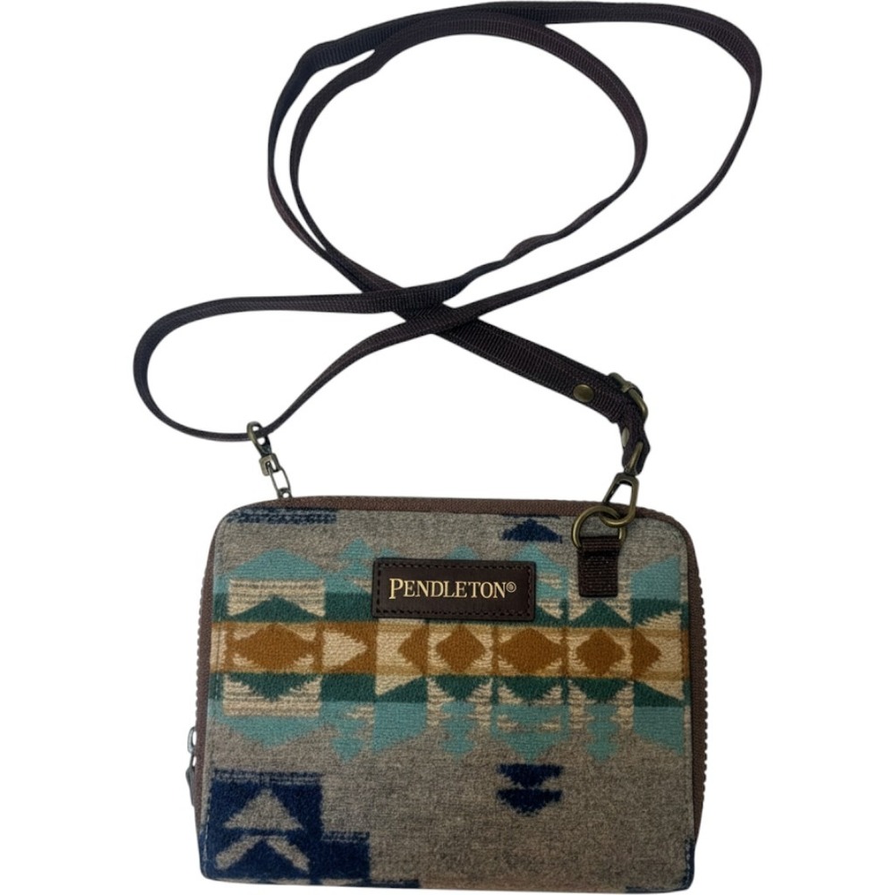 Pendleton Wool Crossbody Wallet Bag Geometric Blue Tan Brown Zip Around